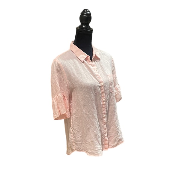 Lord & Taylor 100% linen peach button front ruffle sleeve blouse top size large - Picture 2 of 11